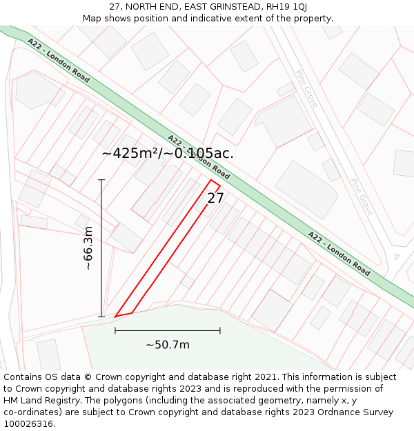 27, NORTH END, EAST GRINSTEAD, RH19 1QJ: Plot and title map