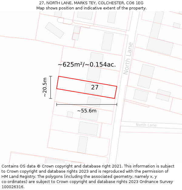 27, NORTH LANE, MARKS TEY, COLCHESTER, CO6 1EG: Plot and title map