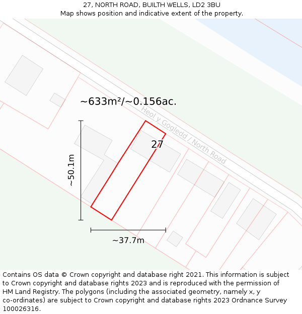 27, NORTH ROAD, BUILTH WELLS, LD2 3BU: Plot and title map