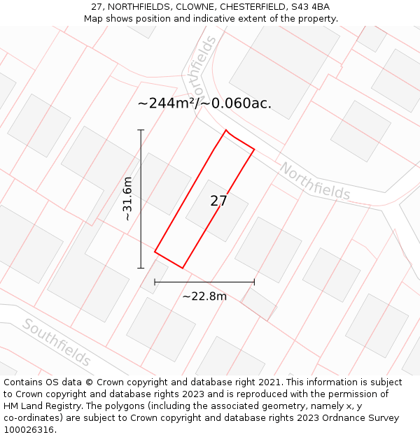 27, NORTHFIELDS, CLOWNE, CHESTERFIELD, S43 4BA: Plot and title map