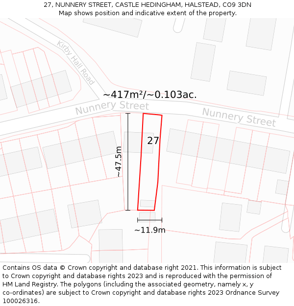 27, NUNNERY STREET, CASTLE HEDINGHAM, HALSTEAD, CO9 3DN: Plot and title map