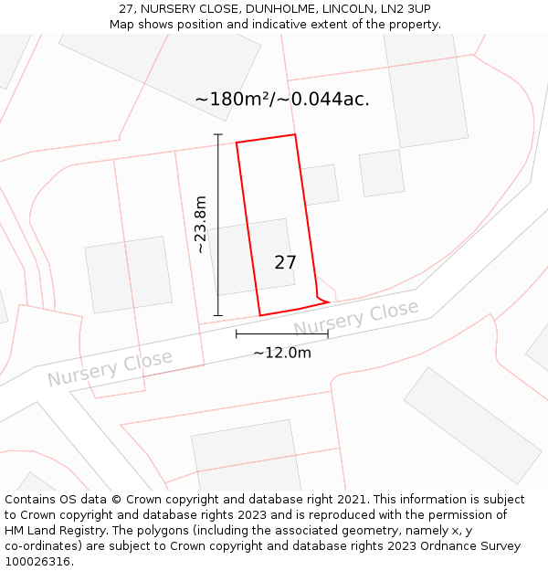 27, NURSERY CLOSE, DUNHOLME, LINCOLN, LN2 3UP: Plot and title map