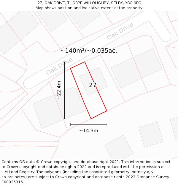 27, OAK DRIVE, THORPE WILLOUGHBY, SELBY, YO8 9FG: Plot and title map