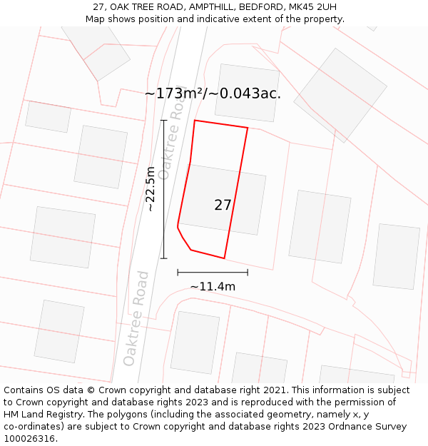 27, OAK TREE ROAD, AMPTHILL, BEDFORD, MK45 2UH: Plot and title map