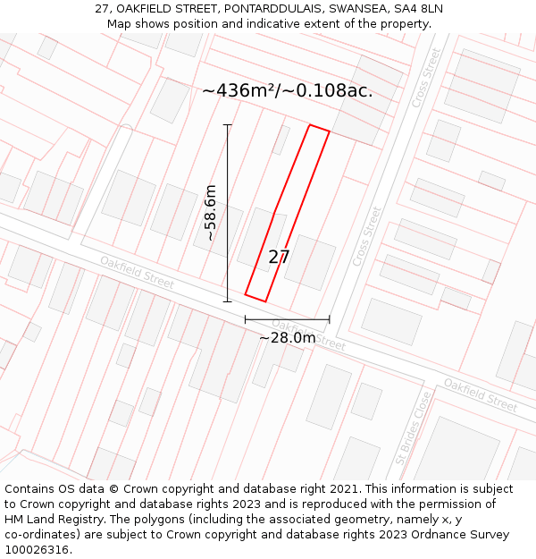 27, OAKFIELD STREET, PONTARDDULAIS, SWANSEA, SA4 8LN: Plot and title map