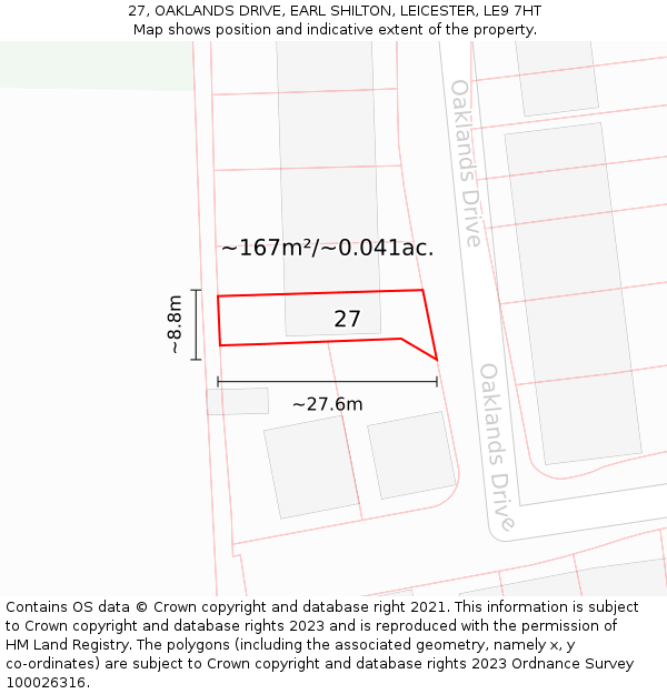 27, OAKLANDS DRIVE, EARL SHILTON, LEICESTER, LE9 7HT: Plot and title map