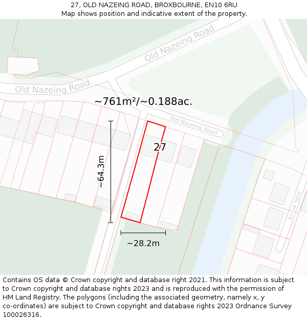 27, OLD NAZEING ROAD, BROXBOURNE, EN10 6RU: Plot and title map