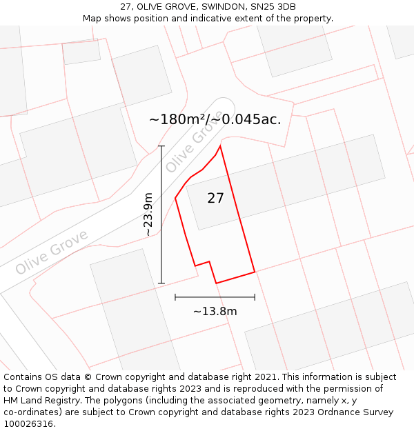 27, OLIVE GROVE, SWINDON, SN25 3DB: Plot and title map