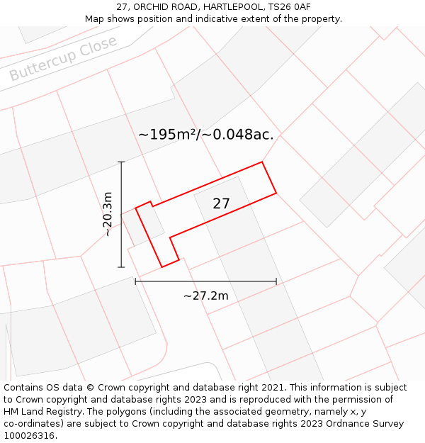 27, ORCHID ROAD, HARTLEPOOL, TS26 0AF: Plot and title map