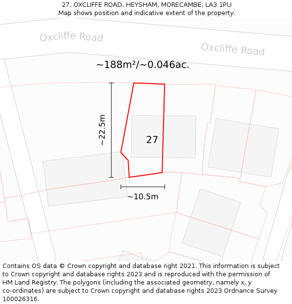 27, OXCLIFFE ROAD, HEYSHAM, MORECAMBE, LA3 1PU: Plot and title map