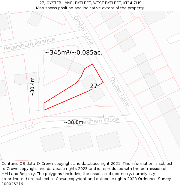 27, OYSTER LANE, BYFLEET, WEST BYFLEET, KT14 7HS: Plot and title map