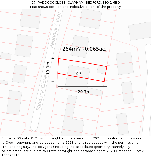 27, PADDOCK CLOSE, CLAPHAM, BEDFORD, MK41 6BD: Plot and title map