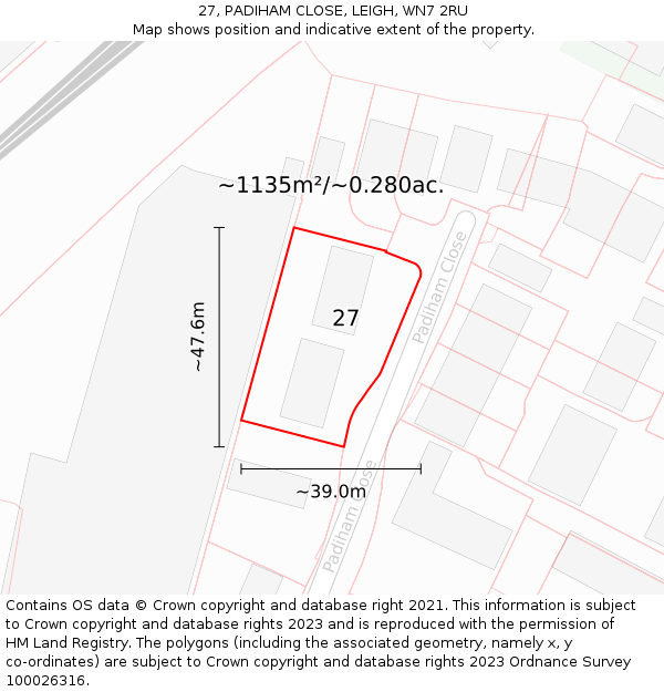 27, PADIHAM CLOSE, LEIGH, WN7 2RU: Plot and title map