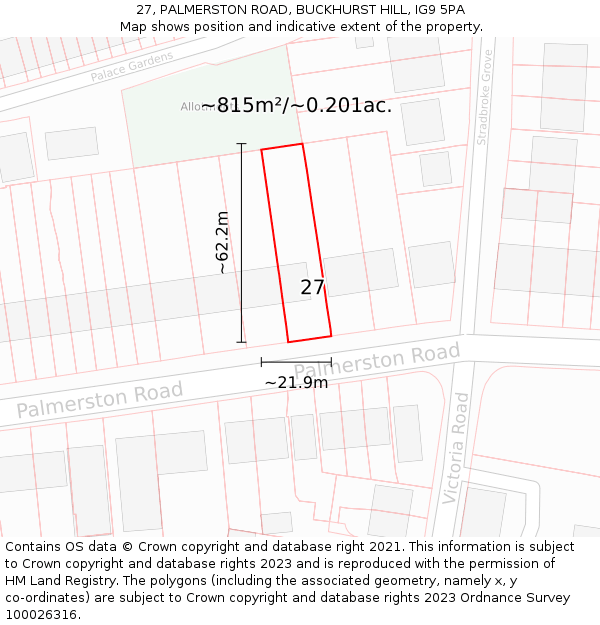 27, PALMERSTON ROAD, BUCKHURST HILL, IG9 5PA: Plot and title map