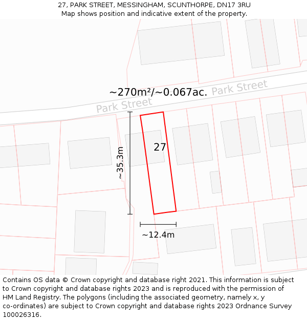 27, PARK STREET, MESSINGHAM, SCUNTHORPE, DN17 3RU: Plot and title map