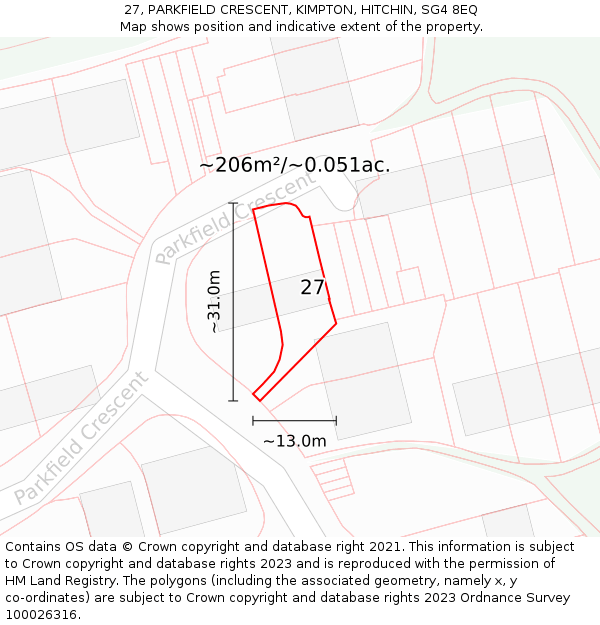 27, PARKFIELD CRESCENT, KIMPTON, HITCHIN, SG4 8EQ: Plot and title map