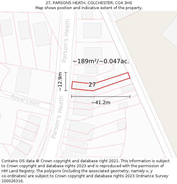 27, PARSONS HEATH, COLCHESTER, CO4 3HS: Plot and title map