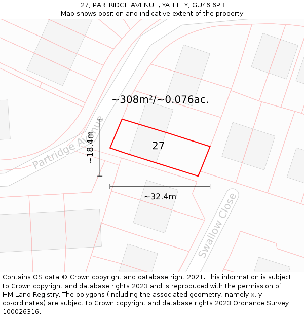 27, PARTRIDGE AVENUE, YATELEY, GU46 6PB: Plot and title map