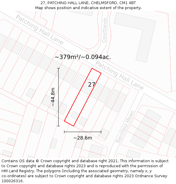 27, PATCHING HALL LANE, CHELMSFORD, CM1 4BT: Plot and title map