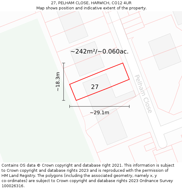 27, PELHAM CLOSE, HARWICH, CO12 4UR: Plot and title map