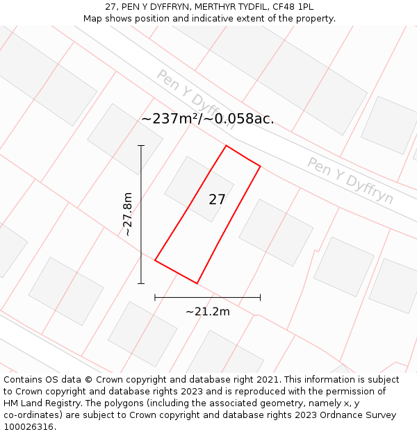 27, PEN Y DYFFRYN, MERTHYR TYDFIL, CF48 1PL: Plot and title map