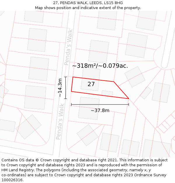 27, PENDAS WALK, LEEDS, LS15 8HG: Plot and title map