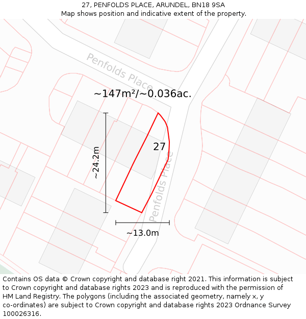 27, PENFOLDS PLACE, ARUNDEL, BN18 9SA: Plot and title map