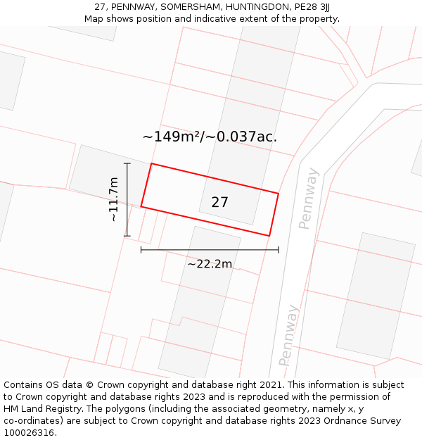 27, PENNWAY, SOMERSHAM, HUNTINGDON, PE28 3JJ: Plot and title map