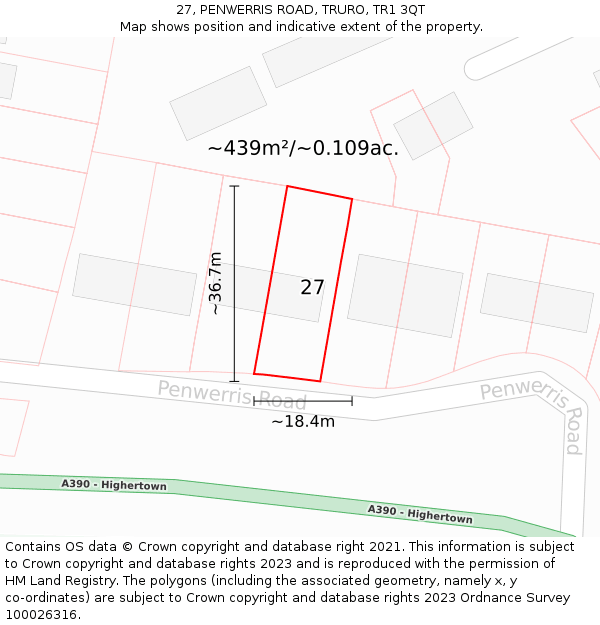 27, PENWERRIS ROAD, TRURO, TR1 3QT: Plot and title map