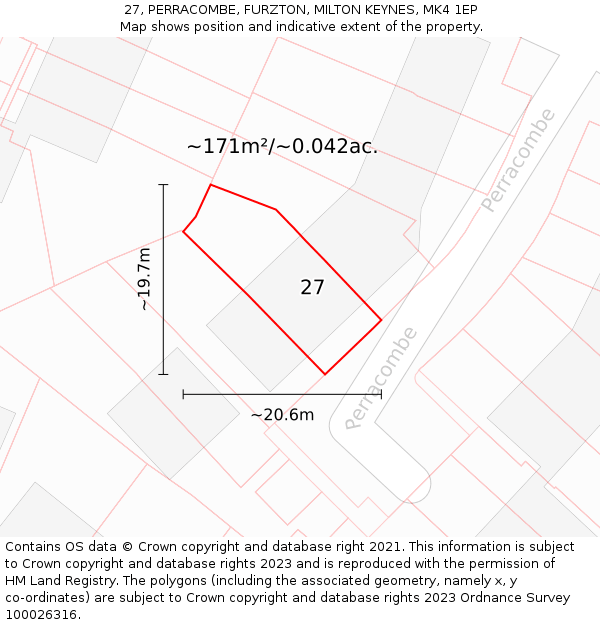 27, PERRACOMBE, FURZTON, MILTON KEYNES, MK4 1EP: Plot and title map