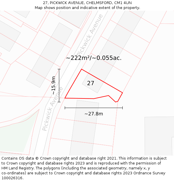 27, PICKWICK AVENUE, CHELMSFORD, CM1 4UN: Plot and title map