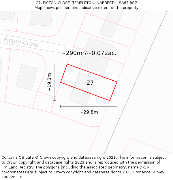 27, PICTON CLOSE, TEMPLETON, NARBERTH, SA67 8SZ: Plot and title map