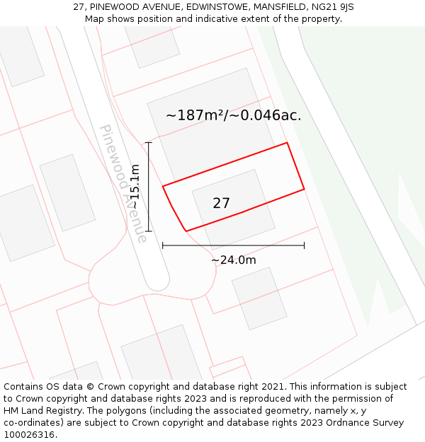 27, PINEWOOD AVENUE, EDWINSTOWE, MANSFIELD, NG21 9JS: Plot and title map