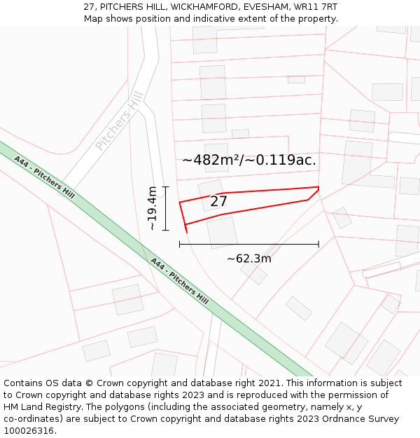 27, PITCHERS HILL, WICKHAMFORD, EVESHAM, WR11 7RT: Plot and title map