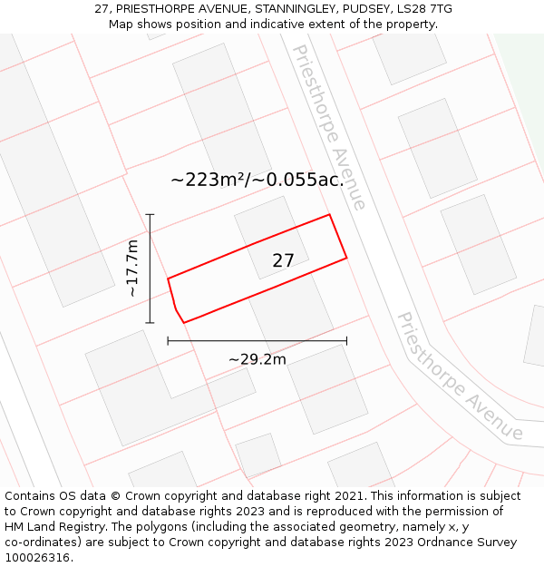 27, PRIESTHORPE AVENUE, STANNINGLEY, PUDSEY, LS28 7TG: Plot and title map