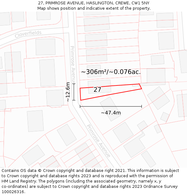 27, PRIMROSE AVENUE, HASLINGTON, CREWE, CW1 5NY: Plot and title map