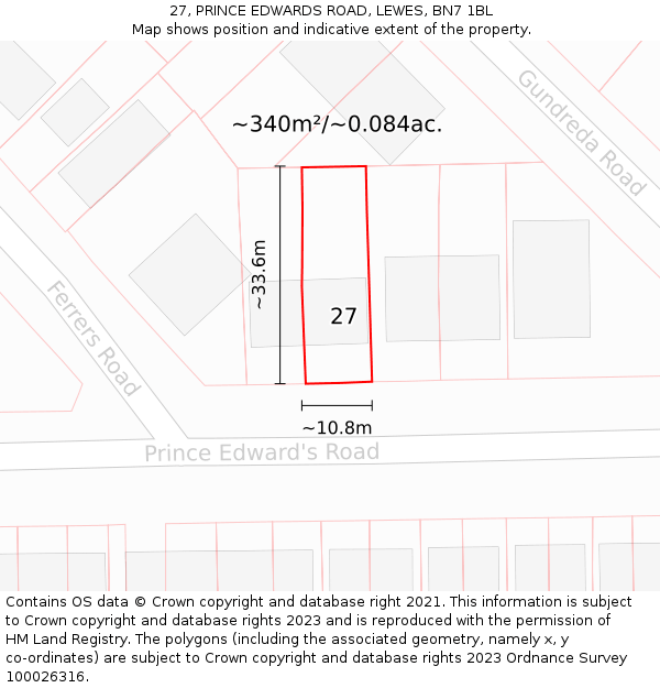 27, PRINCE EDWARDS ROAD, LEWES, BN7 1BL: Plot and title map