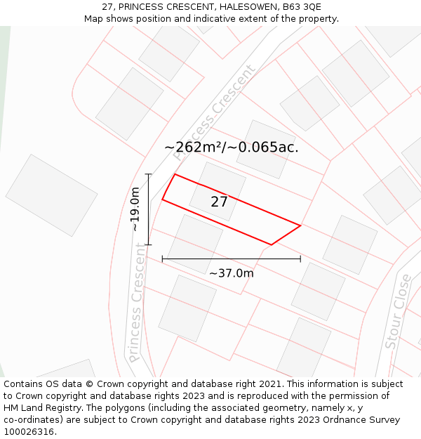 27, PRINCESS CRESCENT, HALESOWEN, B63 3QE: Plot and title map