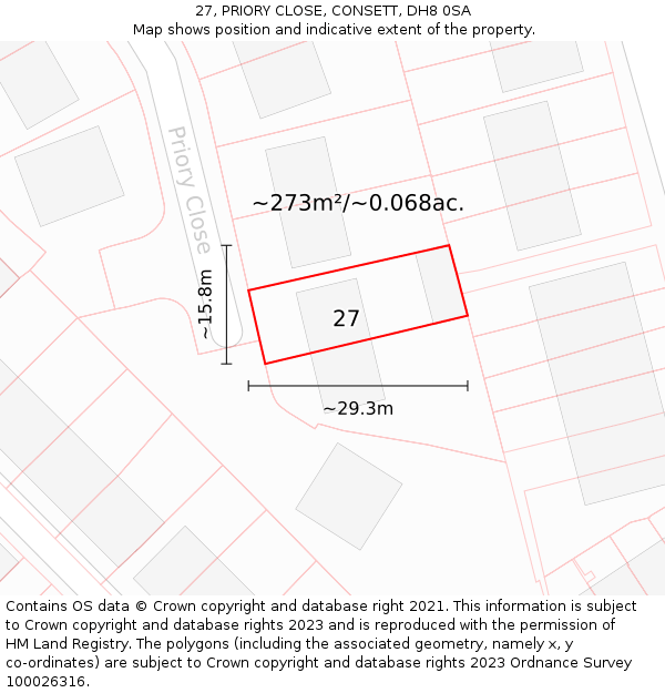 27, PRIORY CLOSE, CONSETT, DH8 0SA: Plot and title map