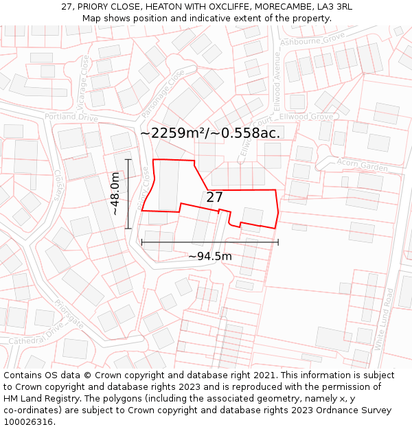 27, PRIORY CLOSE, HEATON WITH OXCLIFFE, MORECAMBE, LA3 3RL: Plot and title map