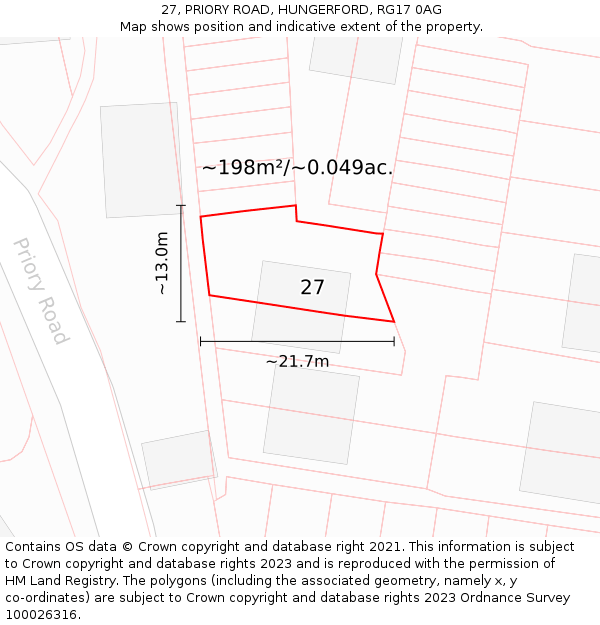 27, PRIORY ROAD, HUNGERFORD, RG17 0AG: Plot and title map