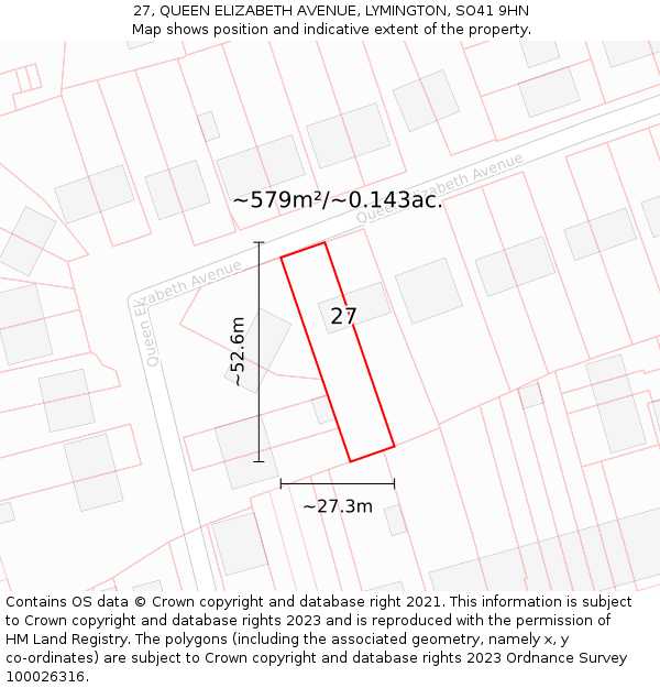 27, QUEEN ELIZABETH AVENUE, LYMINGTON, SO41 9HN: Plot and title map