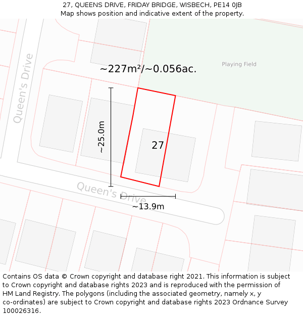 27, QUEENS DRIVE, FRIDAY BRIDGE, WISBECH, PE14 0JB: Plot and title map