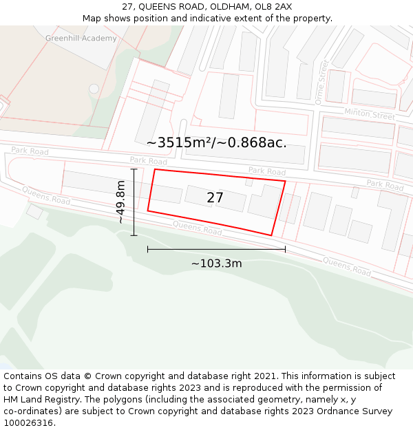 27, QUEENS ROAD, OLDHAM, OL8 2AX: Plot and title map