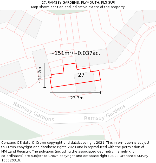 27, RAMSEY GARDENS, PLYMOUTH, PL5 3UR: Plot and title map