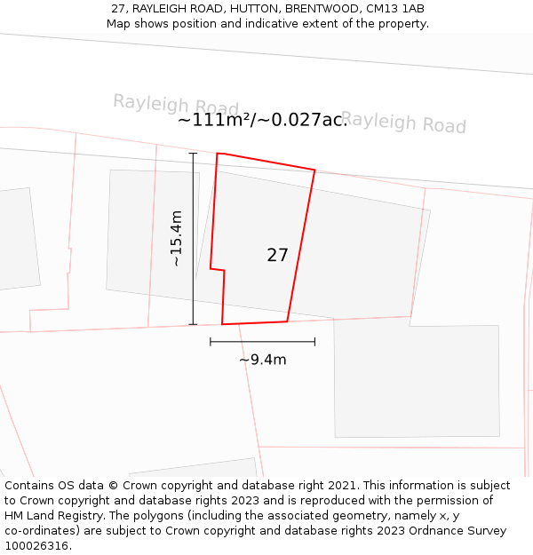 27, RAYLEIGH ROAD, HUTTON, BRENTWOOD, CM13 1AB: Plot and title map