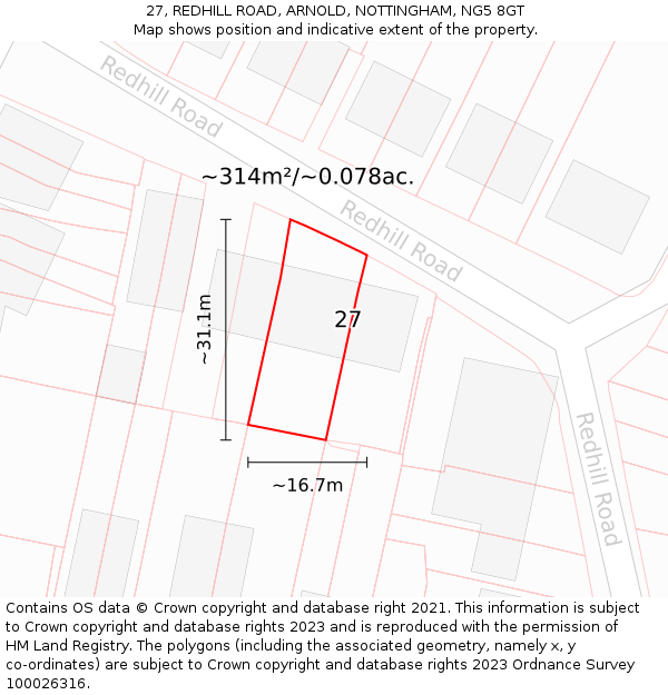 27, REDHILL ROAD, ARNOLD, NOTTINGHAM, NG5 8GT: Plot and title map