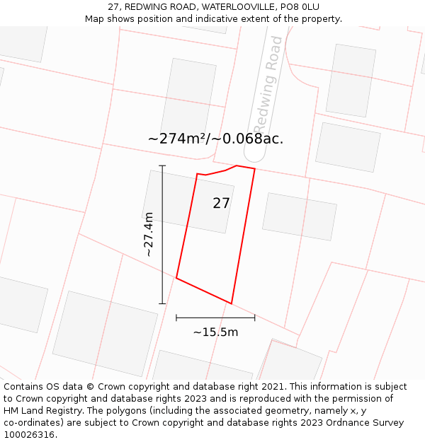 27, REDWING ROAD, WATERLOOVILLE, PO8 0LU: Plot and title map