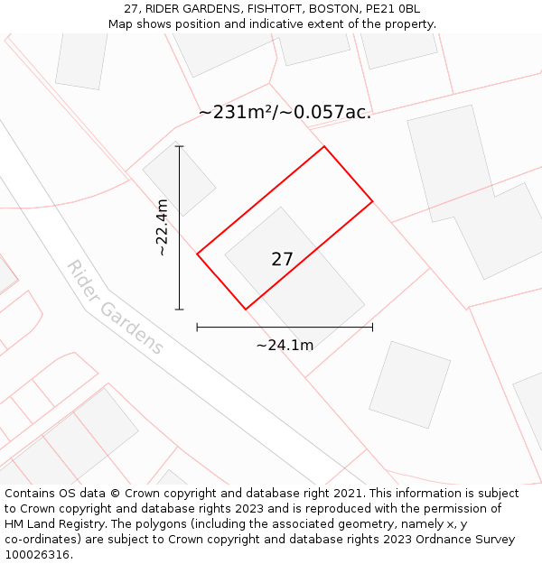 27, RIDER GARDENS, FISHTOFT, BOSTON, PE21 0BL: Plot and title map