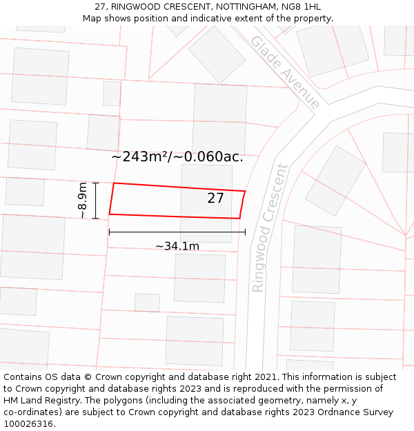 27, RINGWOOD CRESCENT, NOTTINGHAM, NG8 1HL: Plot and title map